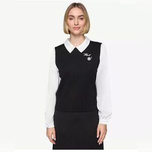 KARL LAGERFELD PARIS Layered-Look Charm Logo Sweater Top Black White Size Large